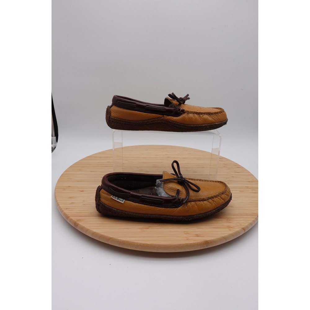 L.L. Bean Womens 6 Brown Leather Moccasin Slippers Plaid Lined 0W576 04